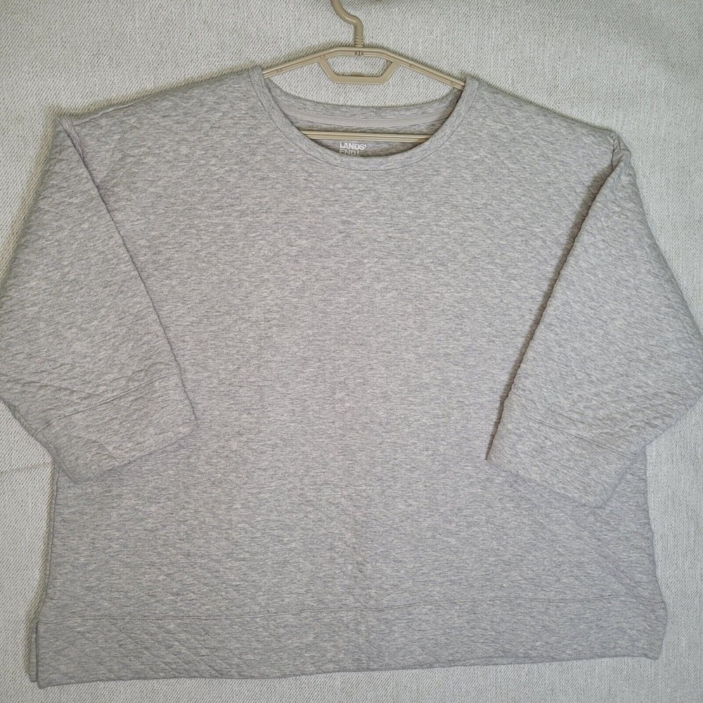 Lands End Quilted Pullover Sweatshirt 3/4 Sleeve Shirt Womens 2X  Heather  Grey